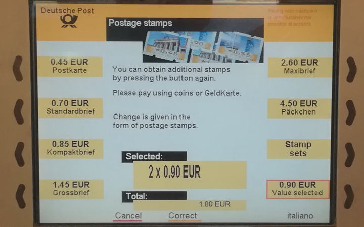 ドイツ切手自動販売機　確認して支払