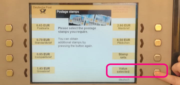 ドイツ切手自動販売機　金額を自分で入れる選択