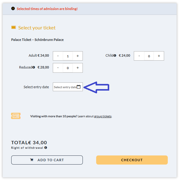 シェーンブルン宮殿 オンライン予約 人数・日時指定