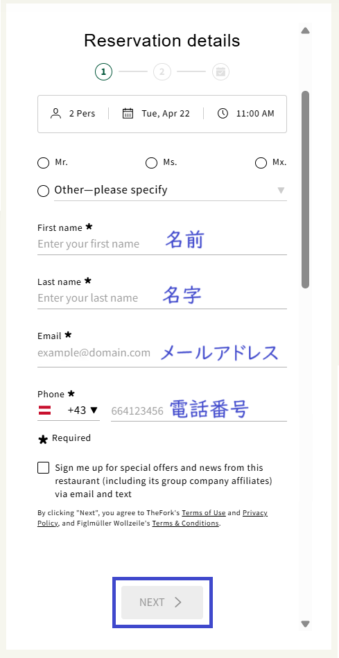 フィグルミュラー 予約者情報入力
